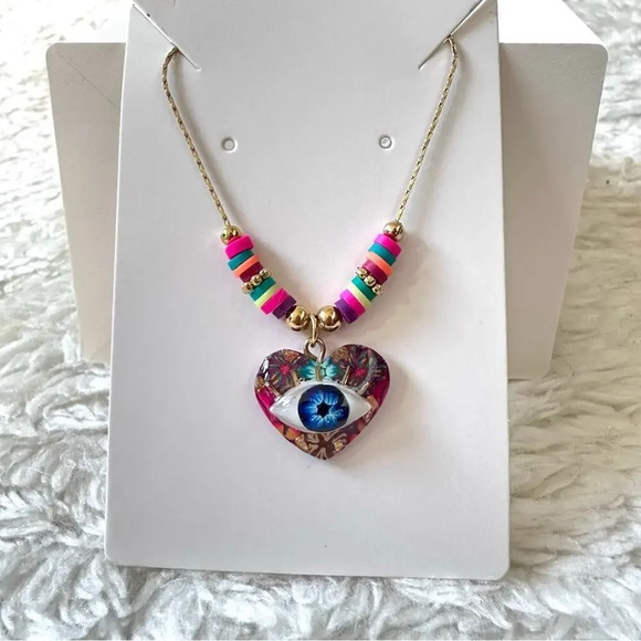 Evil Eye Heart Gold Necklace Colorful Accent - Picture 3 of 7